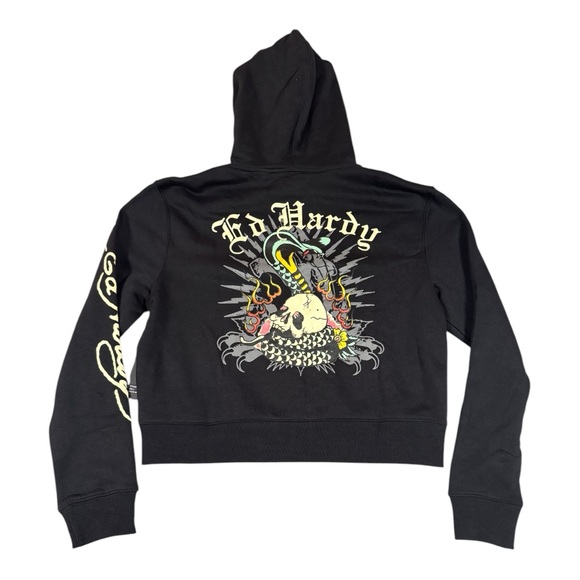 Ed Hardy Women’s Zip Front Hoodie Snake Skull Black L - Picture 2 of 8